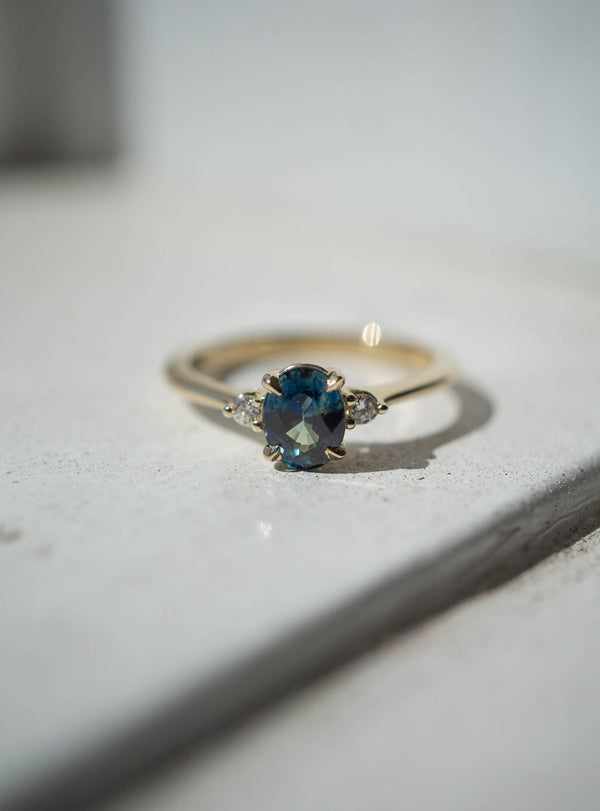 First Dance Ring - 0.94ct Oval Teal Blue Sapphire 3-stone ring *SOLD