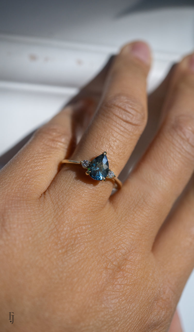 Cherish Ring - 1.28ct Pear Teal-Blue Sapphire 3-stone Ring *SOLD