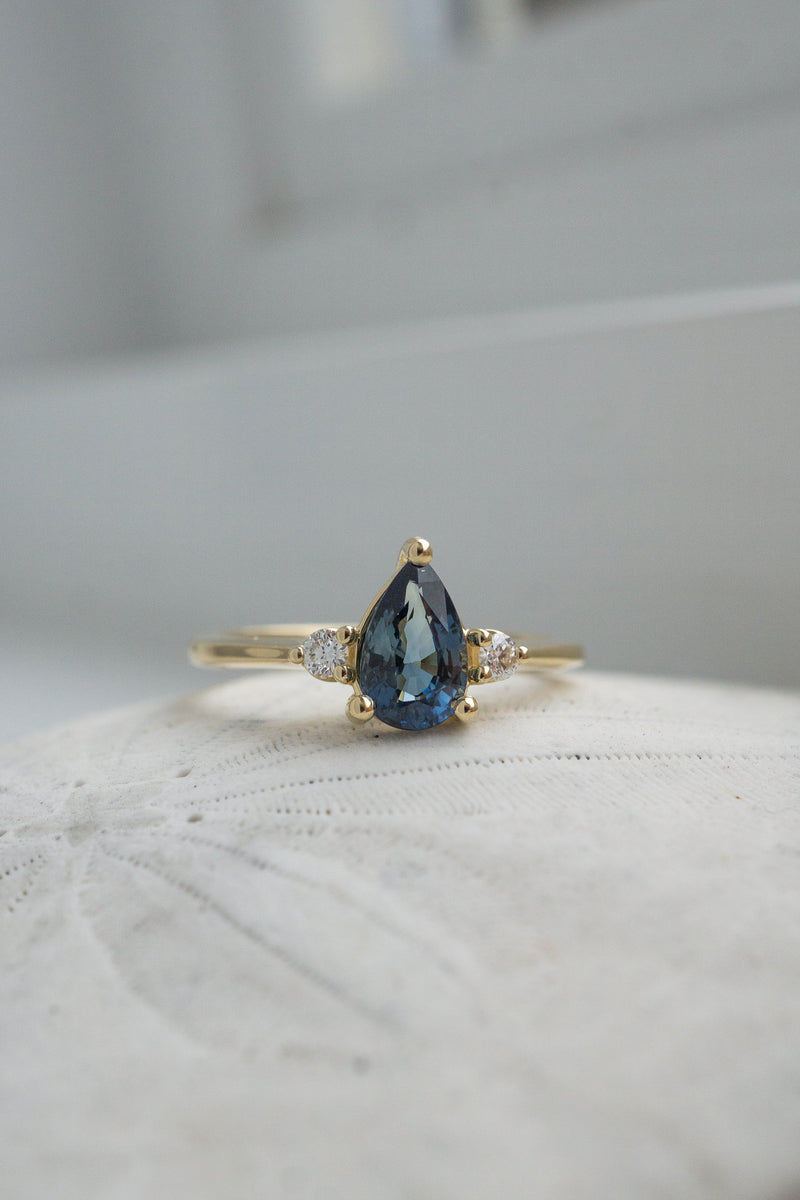 Cherish Ring - 1.18ct Teal-Blue Pear Sapphire 3-stone Ring *Ready-to-Ship