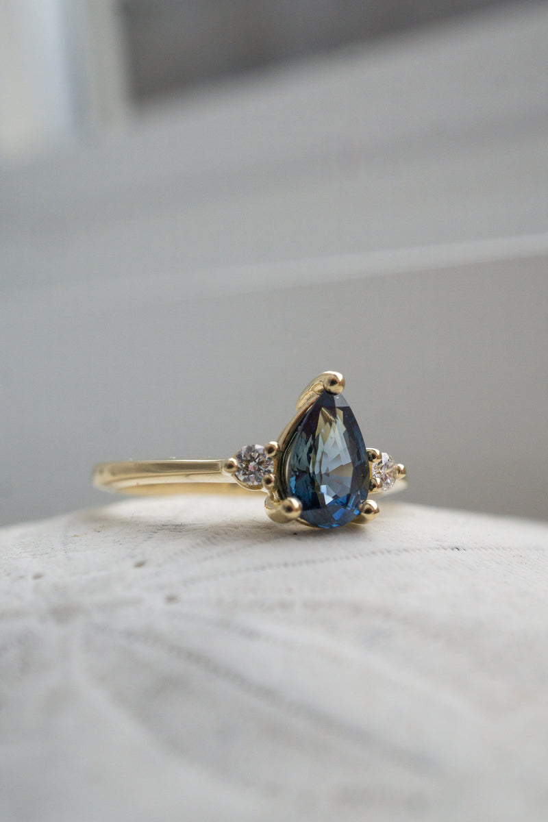 Cherish Ring - 1.18ct Teal-Blue Pear Sapphire 3-stone Ring *Ready-to-Ship