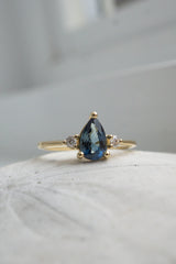 Cherish Ring - 1.18ct Teal-Blue Pear Sapphire 3-stone Ring *Ready-to-Ship