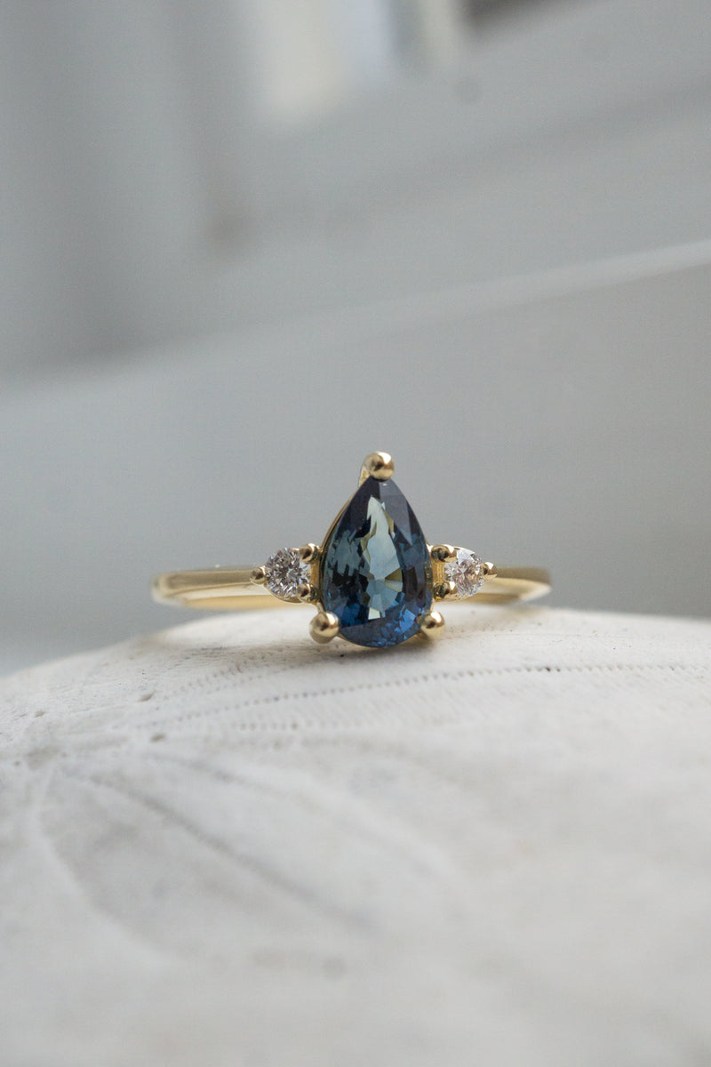 Cherish Ring - 1.18ct Teal-Blue Pear Sapphire 3-stone Ring *Ready-to-Ship