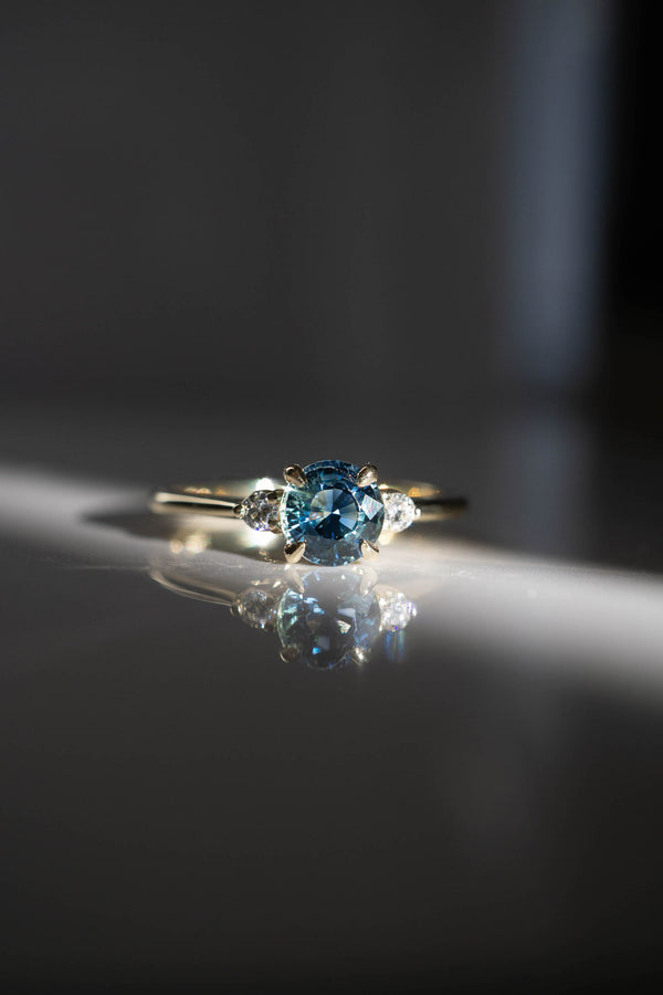 First Dance Ring - 1ct Round Teal Sapphire 3-stone ring *SOLD