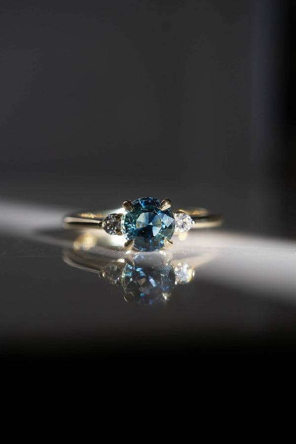 First Dance Ring - 1ct Round Teal Sapphire 3-stone ring *SOLD
